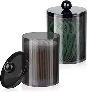 Plieger B.V. 2-Piece Acrylic Q-Tip & Cotton Ball Holder Set – Clear Storage Jars with Lids, Black