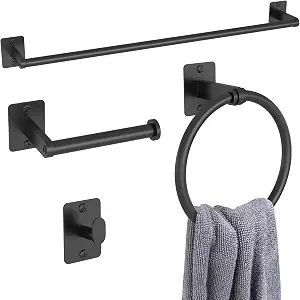 Plieger B.V. 4-Piece Black Bathroom Hardware Set – Modern Bathroom Accessories Set for Home & Wall Mounting
