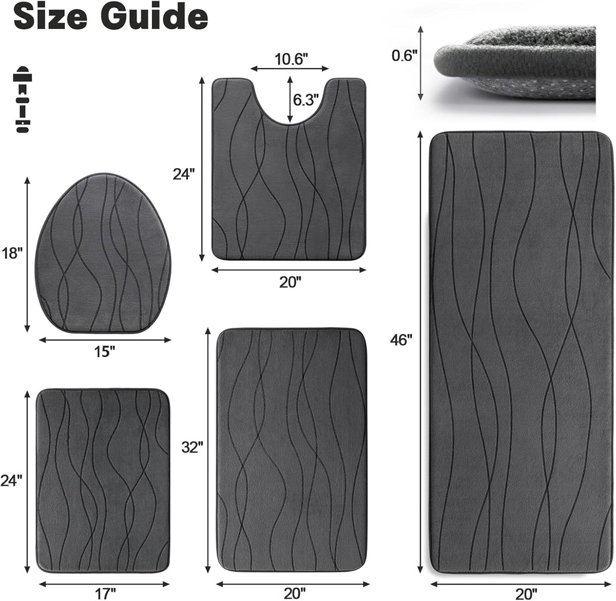 Plieger B.V. 5-Piece Bathroom Rug Set – Memory Foam Bath Mats, Soft Non-Slip Floor Mats for Bathroom, Dark Grey