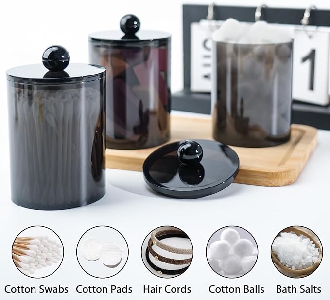 Plieger B.V. 2-Piece Acrylic Q-Tip & Cotton Ball Holder Set – Clear Storage Jars with Lids, Black