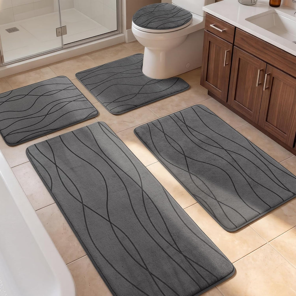 Plieger B.V. 5-Piece Bathroom Rug Set – Memory Foam Bath Mats, Soft Non-Slip Floor Mats for Bathroom, Dark Grey