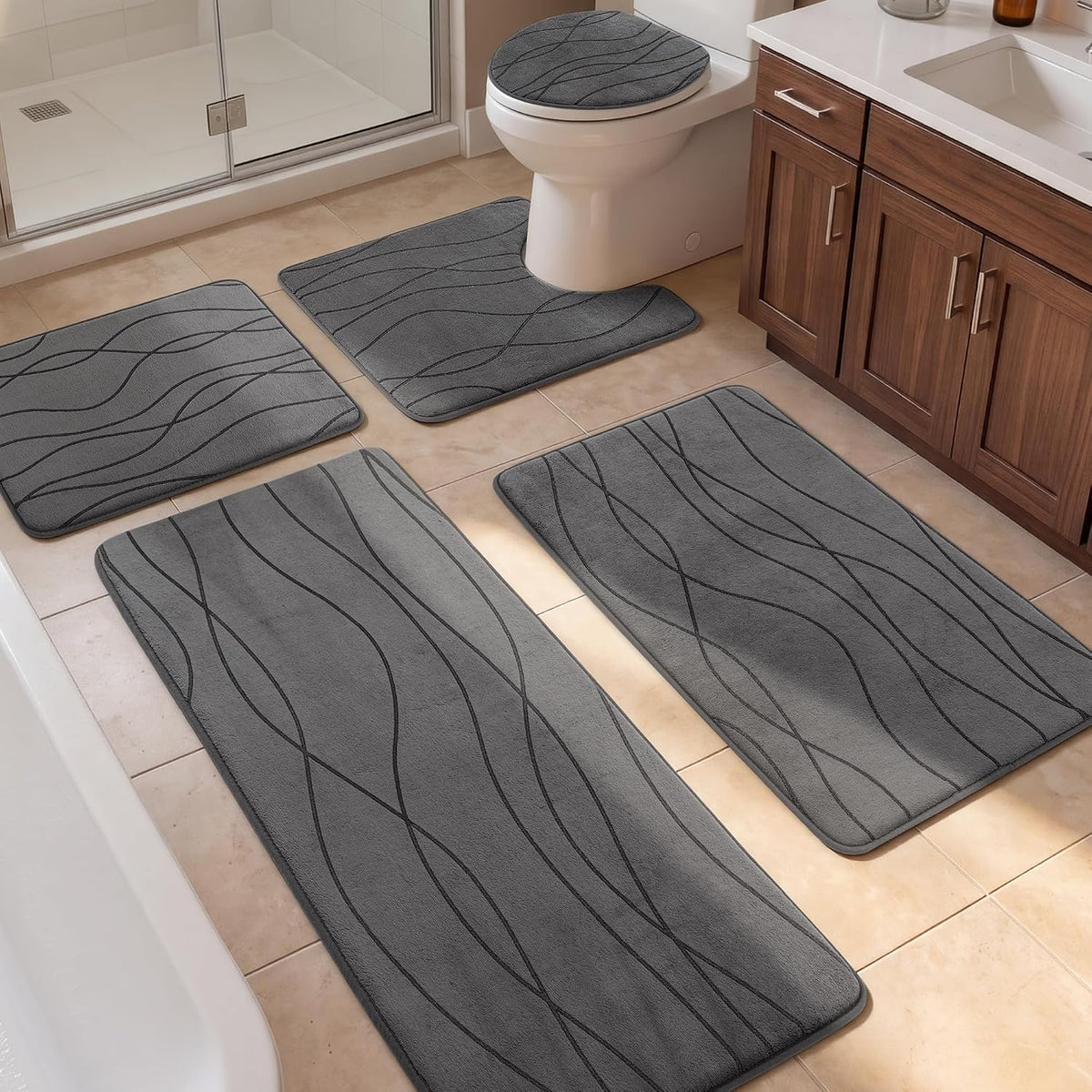 Plieger B.V. 5-Piece Bathroom Rug Set – Memory Foam Bath Mats, Soft Non-Slip Floor Mats for Bathroom, Dark Grey