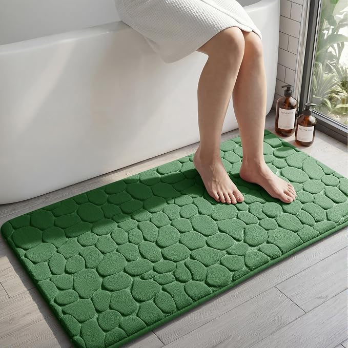 Plieger B.V. Cobblestone Memory Foam Bath Mat – Super Absorbent, Machine Washable Bathroom Rug, Green, 26 x 50 Inches