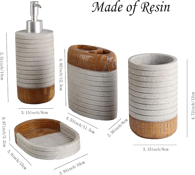 Plieger B.V. 4-Piece Resin Bathroom Accessories Set – Toothbrush Holder, Tumbler, Soap Dispenser & Soap Dish, Farmhouse Bathroom Decor
